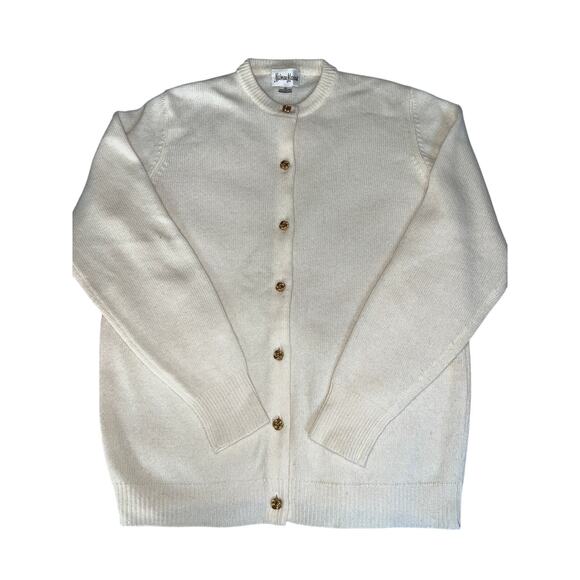 Neiman Marcus 100% Cashmere Cardigan Sweater  Ivory White Gold Knot Buttons - Picture 1 of 5